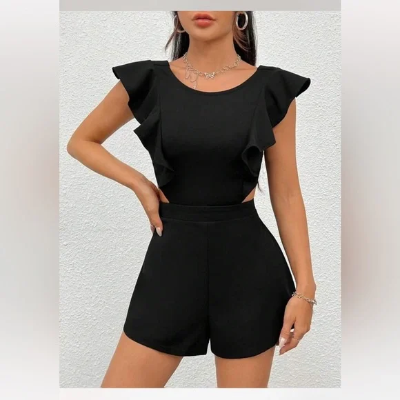 Black Romper Small Petite Shein Cut Outs Open Back Ruffle Sleeve Jumpsuit Shorts - Picture 2 of 5